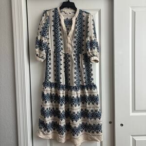 Fig & Flower Navy Blue Tiered Midi Dress Sz S Prarie Feminine Cottage Romantic